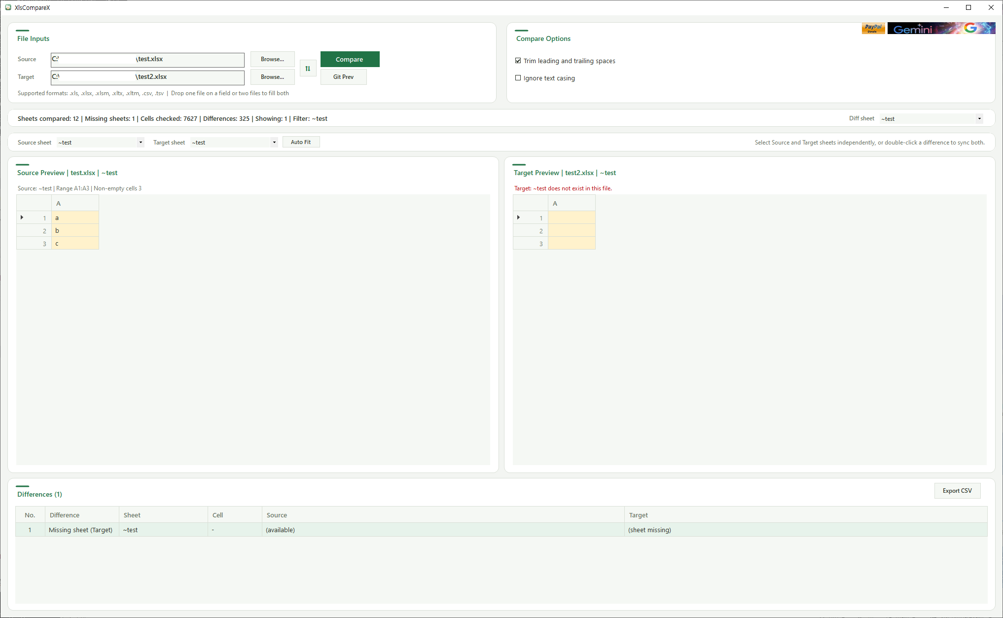 XlsCompareX main window